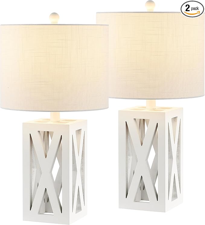 JONATHAN Y 21.5" White Farmhouse Wood Table Lamp for Bedside and Living Room, White Linen Drum Shade, Rustic Modern Desk Lamp for Bedroom, LED Bulb Included (JYL1062B-SET2)