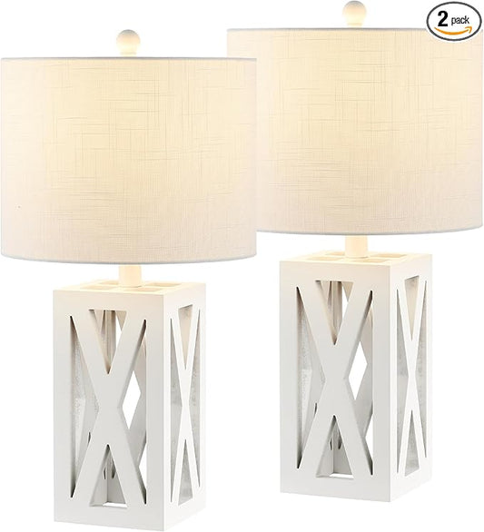JONATHAN Y 21.5" White Farmhouse Wood Table Lamp for Bedside and Living Room, White Linen Drum Shade, Rustic Modern Desk Lamp for Bedroom, LED Bulb Included (JYL1062B-SET2)