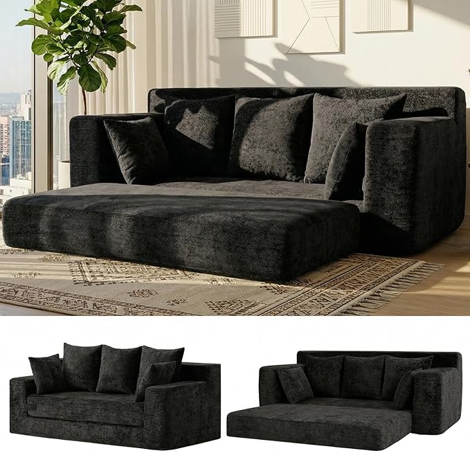 Convertible Sofa Bed, 5 in 1 Small Boneless Couch Pull Out Loveseat Sleeper Sofa,Corduroy Futon Couch Folding Mattress with 4 Pillows for Living Room Bedroom Lounge (Black, 3 Seater)