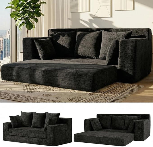 Convertible Sofa Bed, 5 in 1 Small Boneless Couch Pull Out Loveseat Sleeper Sofa,Corduroy Futon Couch Folding Mattress with 4 Pillows for Living Room Bedroom Lounge (Black, 3 Seater)