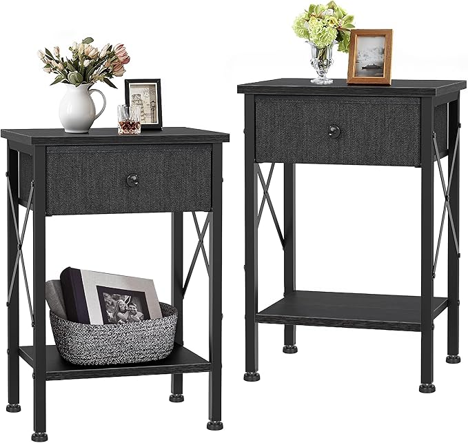 VECELO Nightstand Set of 2, X-Design End Side Table with Fabric Storage Drawer and Open Shelf, Bedside Night Stand with Steel Frame for Bedroom, Living Room,Dorm, Easy Assembly, Black