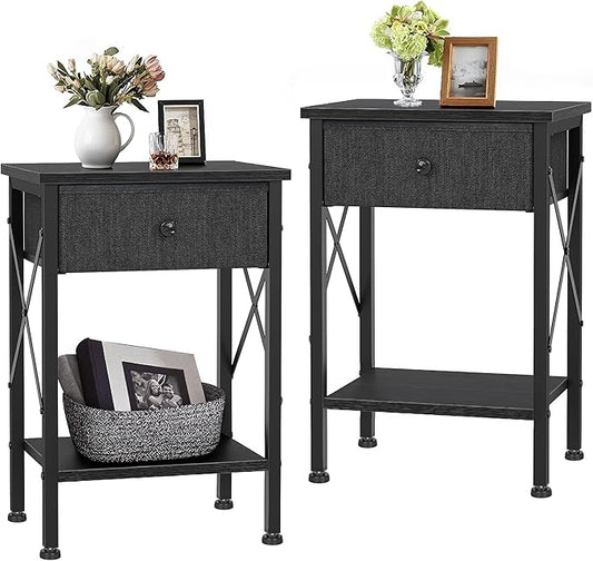 VECELO Nightstand Set of 2, X-Design End Side Table with Fabric Storage Drawer and Open Shelf, Bedside Night Stand with Steel Frame for Bedroom, Living Room,Dorm, Easy Assembly, Black