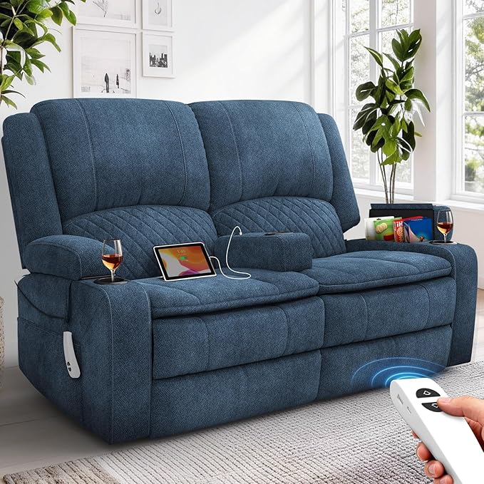 Yolsali Power Reclining Loveseat with Remote Control, Zero Wall Hugger RV Loveseat Recliner Sofa for Living Room with Removable Armrest, 2-Tier Cushions, Hidden Storage & USB Ports, Soft Fabric Blue
