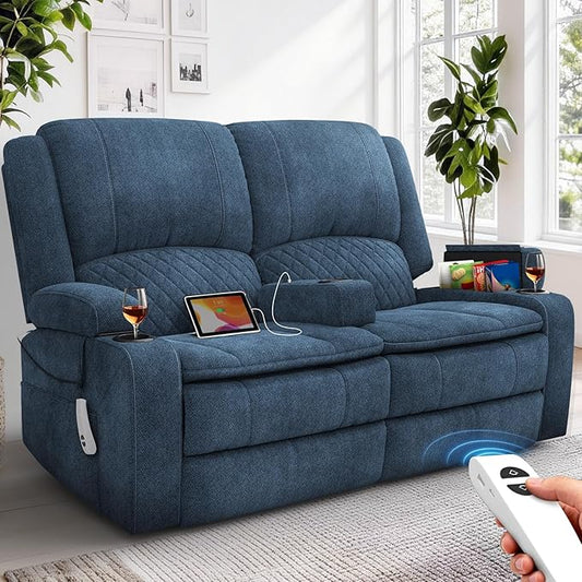Yolsali Power Reclining Loveseat with Remote Control, Zero Wall Hugger RV Loveseat Recliner Sofa for Living Room with Removable Armrest, 2-Tier Cushions, Hidden Storage & USB Ports, Soft Fabric Blue