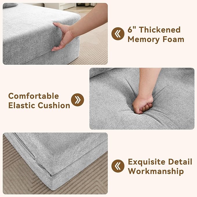 WUTUTUEE Folding Sofa Bed Convertible Floor Couch Foldable Chair Bed with Pillow，Linen Sleeper Chair Futon,Foldable Memory Foam Mattress for Bedroom/Living Room/Dorm/Office (Light Grey, Standard)