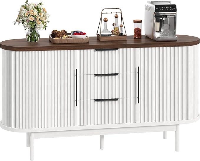 DWVO Modern TV Stand for 60 inch TVs, Fluted Entertainment Center with 3 Drawers & Storage Cabinet, Sliding Door & Adjustable Shelf, Media Console for Living Room, White & Brown