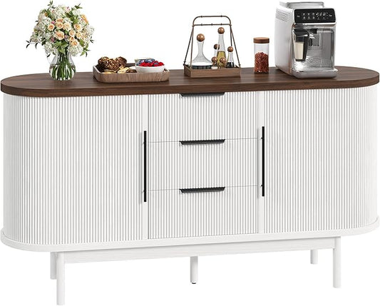DWVO Modern TV Stand for 60 inch TVs, Fluted Entertainment Center with 3 Drawers & Storage Cabinet, Sliding Door & Adjustable Shelf, Media Console for Living Room, White & Brown