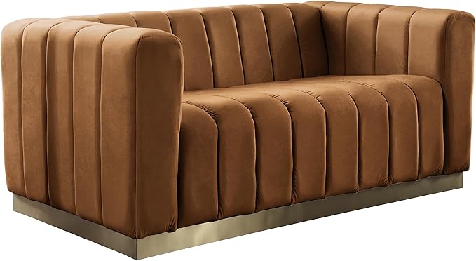 Meridian Furniture 603Saddle-L Marlon Collection Modern | Contemporary Velvet Upholstered Loveseat with Deep Channlel Tufting and Brushed Gold Finish, Saddle, 62.5" W x 34" D x 28" H
