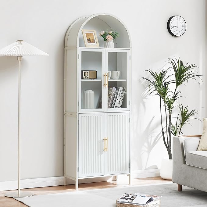 Arched Bookcase Book Shelf with Glass Doors, 5 Tier Display Bookshelf Tall Cabinet with Storage, Industrial Floor Standing Bookshelves Open bookcases for Home Office, Living Room(White)
