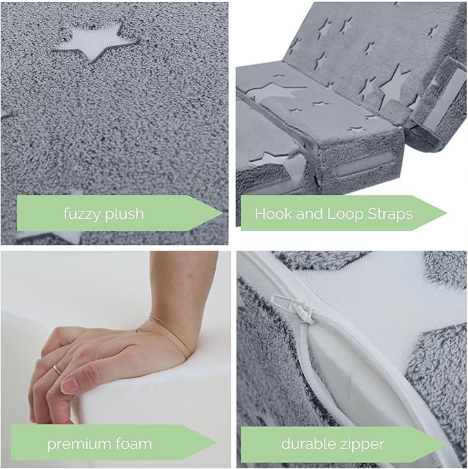 MeMoreCool Kids Tri-Fold Sofa Bed – Glow Star Floor Mattress & Foldable Futon Chair Convertible Toddler Couch | Soft Plush Lounge Mat | Playroom Furniture | Includes Pillow