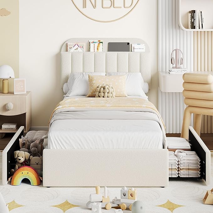 IDEALHOUSE Twin Bed Frame for Kids, Boucle Upholstered Platform Bed for Boys/Girls with 2 Flexible Drawers, Bookcase Headboard, Noise-Free, Easy Assembly, No Box Spring Needed, Beige