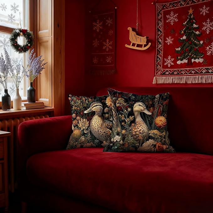 William Morris Inspired Rustic Duck Floral Pillow Covers 18x18, Farmhouse Decor, Dark Cottagecore Wildflower Farm Animal Duck Decor Throw Pillow Covers for Home Bedroom Living Room, Set of 2
