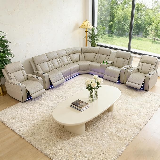 Power Reclining Sectional Sofa Set with LED, Living Room Furniture Sets, Leather Recliner Couch for Living Room/Home Theater, Sectional Couch and Chair with 4 Recliners, USB Port/Hide-Away Storage