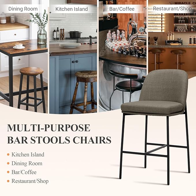 Bar Stools Set of 2, Modern Upholstered Counter Height Bar Chairs with Cushioned Seat and Curved Back, Fabric Kitchen Island Stools with Sturdy Metal Legs for Dining Room Island Bar, Brown