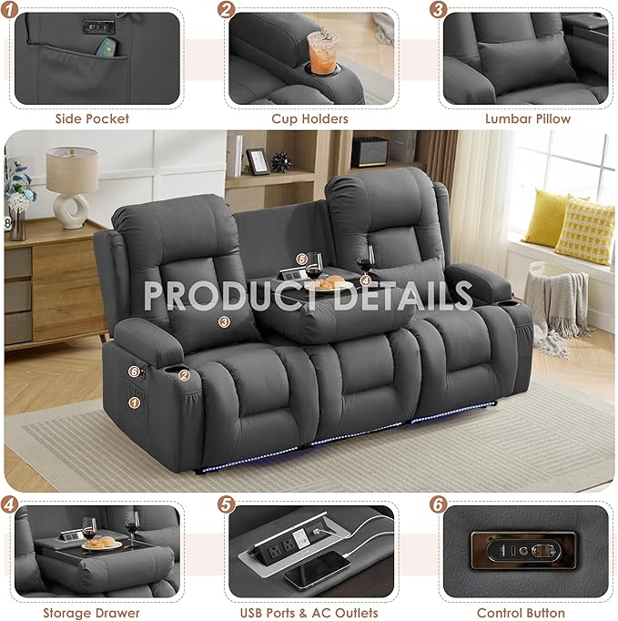 TUNYI Wall Hugger Loveseat Recliner Sofa with Console, Power Reclining Loveseat RV Couch with Massage & Heat/USB/Outlet/Storage/LED Light (Grey, 3 Seat)