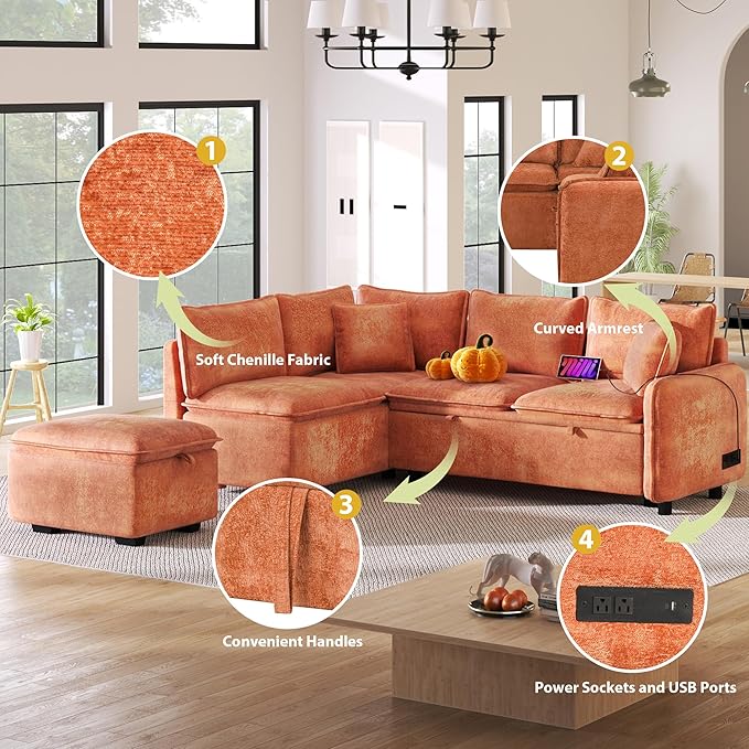 ERYE 82.5-Inch Left Facing Corner Sleeper Sectional Sofa Bed for Living Room Office,L-Shaped Chenille Upholstered Convertible Pull Out Sleeper Couch Bed W/Storage Ottoman | USB-C Ports