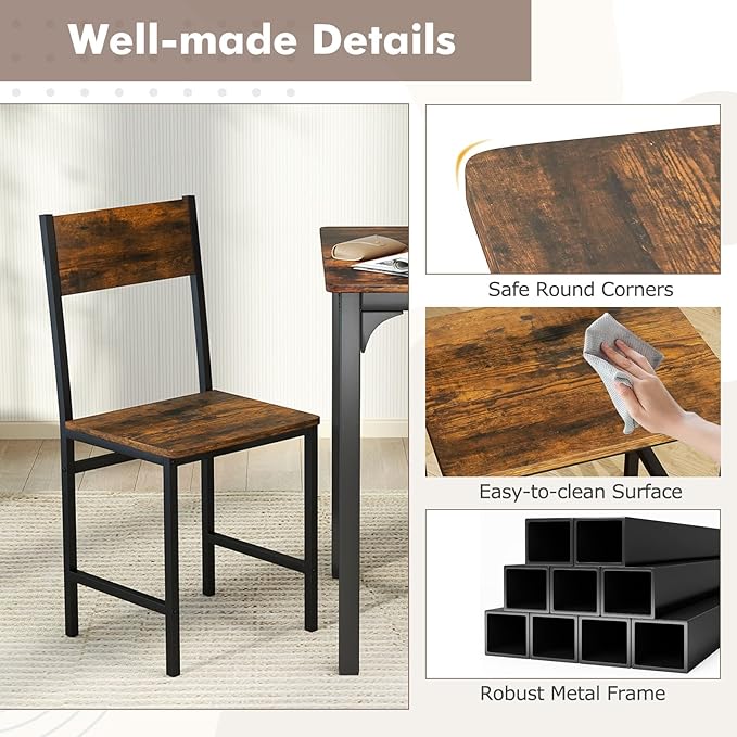 COSTWAY Dining Chairs Set of 2, Rustic Wood & Metal Frame Industrial Farmhouse Armless Side Chairs with Wide Comfy Seat & Slanted High Back for Dining Room, Kitchen, Home, Restaurant