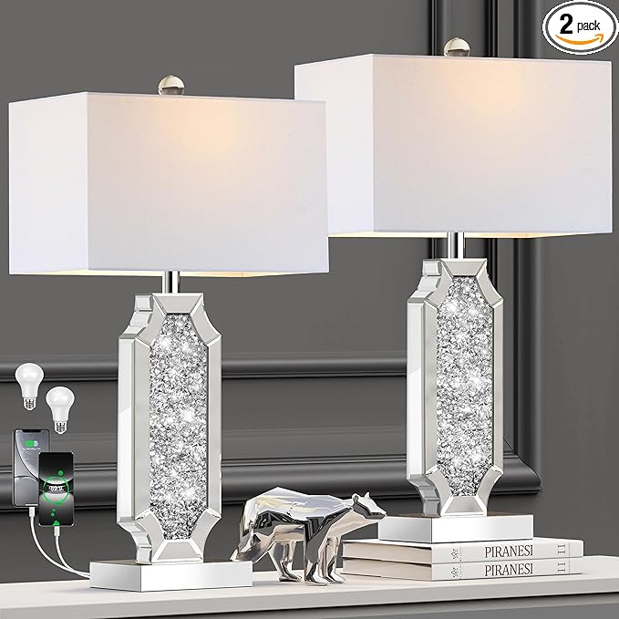 Hamucd 3-Way Dimmable Touch Diamond Crushed Mirrored Bedside Table Lamps Set of 2 for Living Room with USB A+C Ports,Tall Silver Modern Bling Nightstands Lamps for Bedroom with 2 Bulbs (Silver)