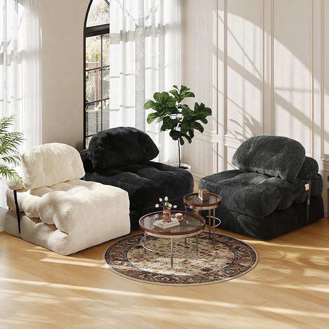 Folding Sofa Bed, Convertible Chair Bed with Back Support and Pillow Futon,Foldable Boneless Chair for Living Room/Guest Use/Home Office, Foldable Couch for Adults, Beige