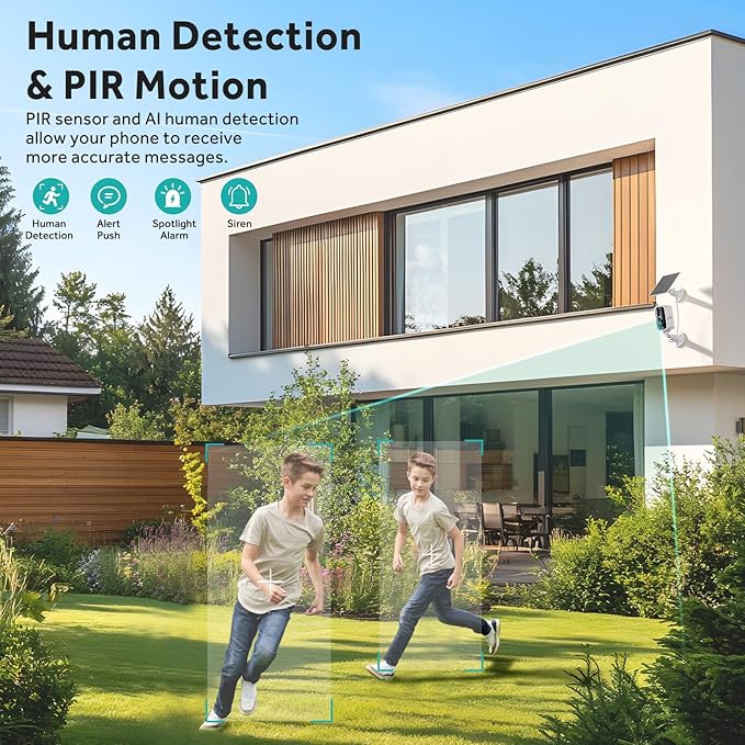 2 Pack Solar Security Camera Outdoor Wireless, 4MP HD Full Color Night Vision, 2.4/5GHz WiFi Home Security Camera with AI Motion Detection & Siren, 2-Way Audio, Alexa, No Wiring, Weatherproof
