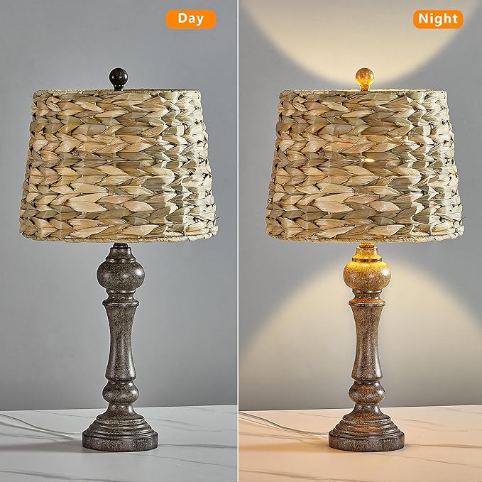 Maxax 26" Farmhouse Table Lamps Set of 2 for Living Room, Rustic Resin Bedside Lamp with Woven Rattan Shade, Boho Rattan Bedroom Lamp for Nightstand, Antique Brown