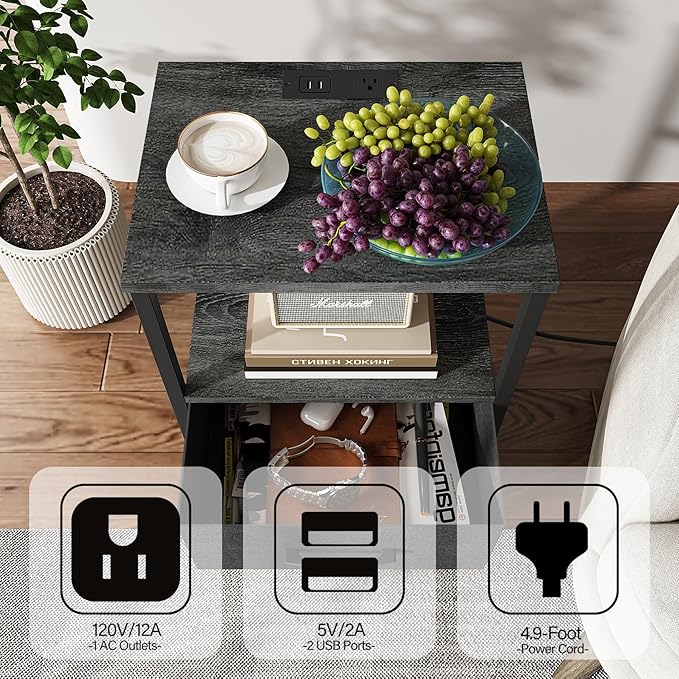 TUTOTAK End Table with Charging Station, Night Stand, Side Table with 2 USB Ports and Outlets, Nightstand with Cloth Drawer, Bedside Table for Livingroom, Bedroom Charcoal Grey TB01BY088