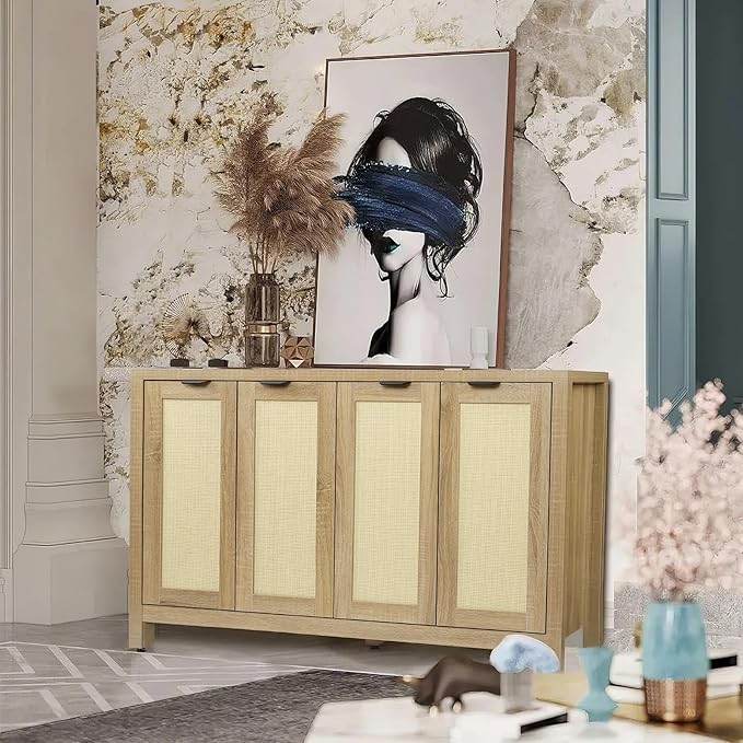Rattan Sideboard Buffet Credenza Cabinet - Large Farmhouse Kitchen Coffee Bar Cabinet with 4 Rattan Door Storage for Entryway Living Room, 55" x 15" x 31.5" (Natural)