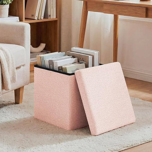 15in Small Storage Ottoman Foldable Sherpa Top Storage Bench,Foot Rest/Step Stool for Bedroom Dorm Entryway, Space Saving for Small Spaces-Pink