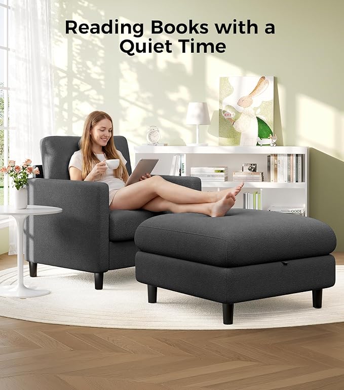 Welzona Sofa Accent Chair with Ottoman, 33" Reading Chair and Ottoman Set for Bedroom, Tool-Free Setup Living Room Accent Chairs, Comfy Arm Chairs Living Room, All-Wood Reading Nook, Grey