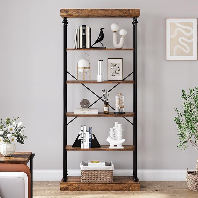 GarveeHome 6 Tier Bookshelf Industrial Bookcase Wood Tall Standing Bookshelves Wood Vintage Display Rack Rustic Bookshelf