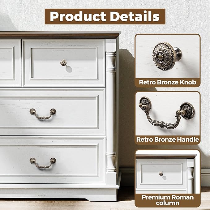 52" Farmhouse 7 Drawer Dresser for Bedroom,Tall Wide Wood Country Rustic Chest of Drawers,Column Decor,Retro Handle,Natural Texture,Wood Vintage TV Stand,Antique White