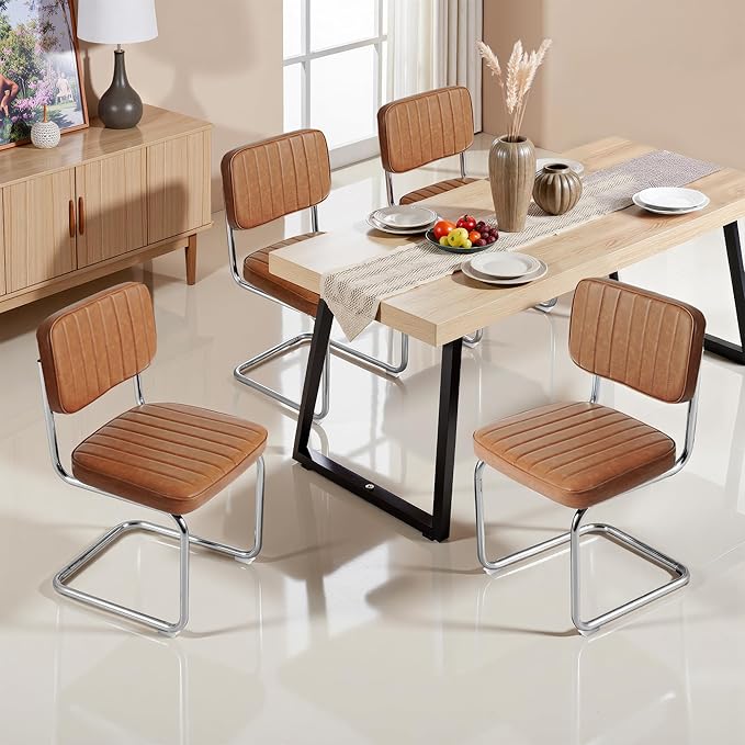 CangLong Faux Leather Dining Chairs Set of 2, Modern Upholstered Dining Room Chairs Armless Accent Chairs with Comfy Seat & Backrest, Black Metal Legs for Living Room, Cafe, Brown