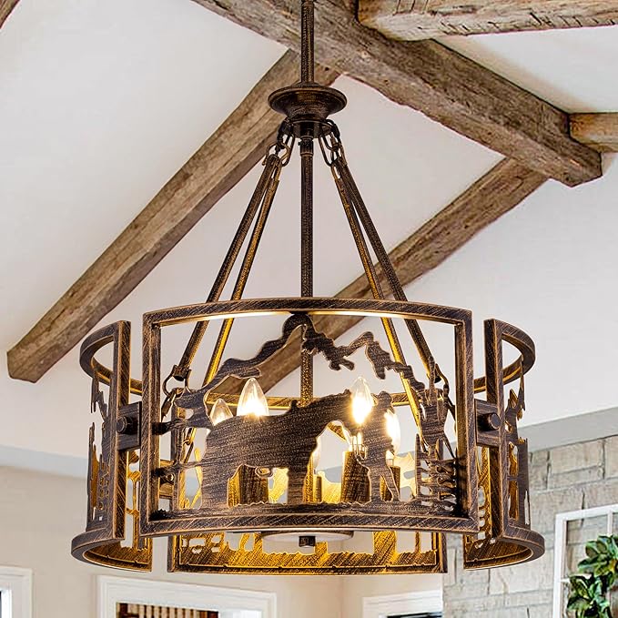 TOCHIC 5-Light Farmhouse Chandelier for Dining Room, Rustic Chandelier in Bronze Metal, Western Cowboy Horse Light Fixture for Living Room, Dining Room, Bedroom, Foyers, 20" D