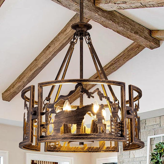 TOCHIC 5-Light Farmhouse Chandelier for Dining Room, Rustic Chandelier in Bronze Metal, Western Cowboy Horse Light Fixture for Living Room, Dining Room, Bedroom, Foyers, 20" D