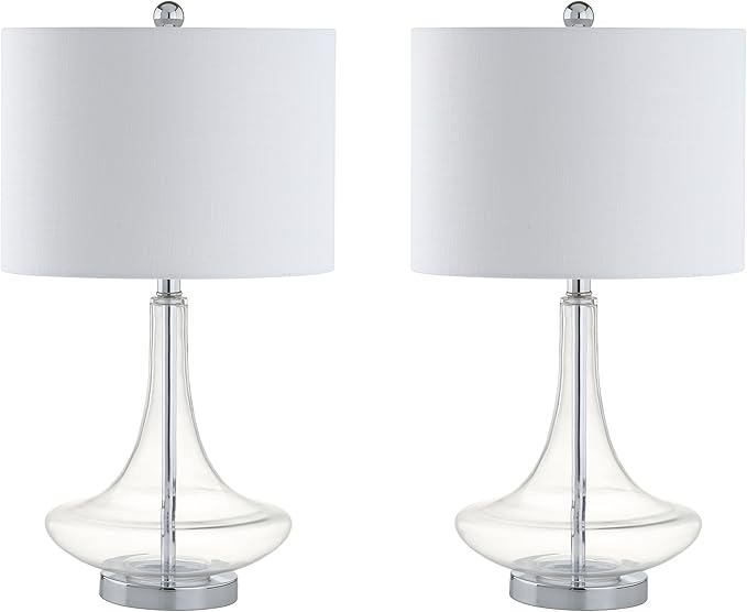 JONATHAN Y 25.5" Clear/Chrome Glass Teardrop Table Lamp Set of 2 for Bedroom, Modern Bedside Lamps for Living Room, White Linen Drum Shade, LED Bulbs Included (JYL1081C-SET2)
