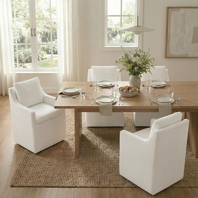 Upholstered Dining Chairs Set of 4, Modern Dining Room Chairs with Casters & Washable Cover, Rolling Accent Chair with Hidden Storage for Kitchen, Farmhouse, Living Room, White, 4 Box