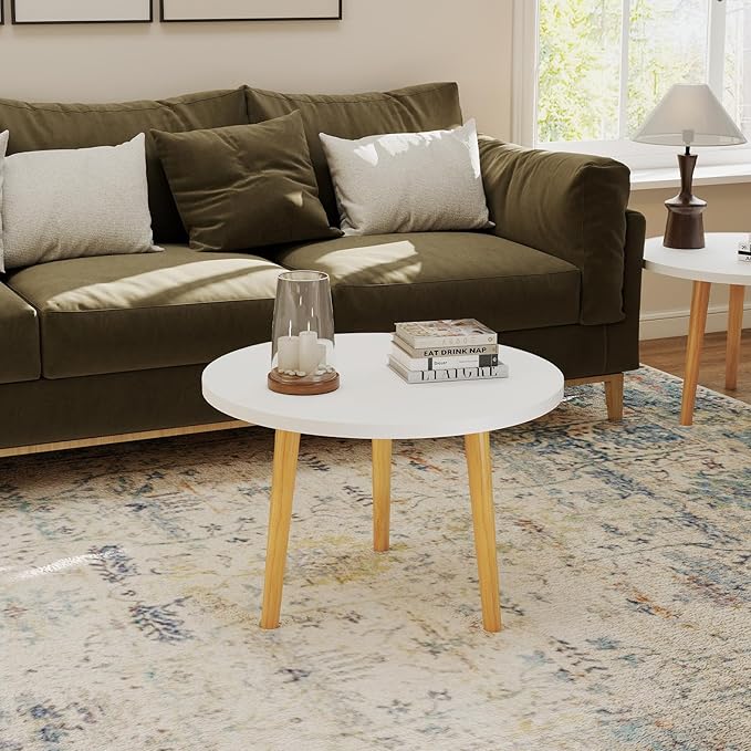 Round Coffee Table Low Table with 3 Solid Wood Sturdy Legs, Floor Table Desk for Sitting on The Floor, Storage and Living Room Furniture (White)