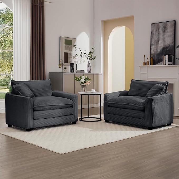 KEIKI 2-Piece Sofa Set with 2 Oversized Corduroy Single Sofa, Upholstered Modern 2-Seater Lounge Accent Chair Set with 2 Pillow, High-Density Foam Cushions, Removable Armrests, for Living Room, Grey