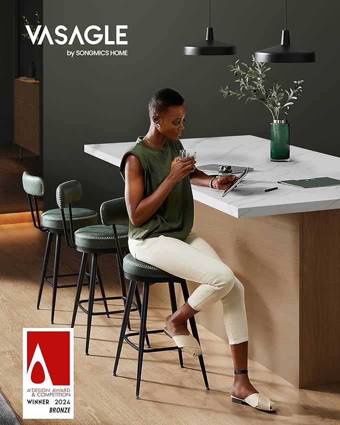 VASAGLE EKHO Collection - Bar Stools Set of 2, Swivel Counter Height Bar Stools with Back, Synthetic Leather with Stitching, Mid-Century Modern, 25.6-Inch Tall Barstools for Kitchen Bar, Forest Green