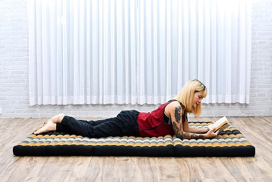 Leewadee Trifold Mattress XL – Comfortable Thai Massage Pad, Foldable Relaxation Floor Mattress Filled with Kapok, Perfect to Use as a Sleeping Mat 79 x 39 inches, Black Orange
