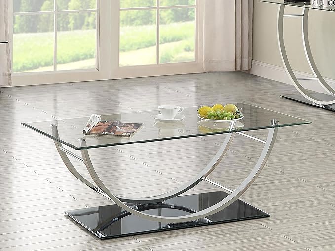 Coaster Home Furnishings - Danville - Glass and Metal - Rectangular U-Shaped Coffee Table with Clear Glass Top, Chrome Finish, Curved Frame, Mirrored Base - Living Room - 48 Inch - Chrome - 704988