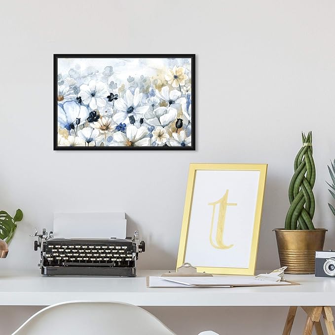 The Oliver Gal Artist Co. Floral and Botanical Wall Art Framed Canvas Prints 'Fields Flowers Home Décor, 15" x 10", Blue, White