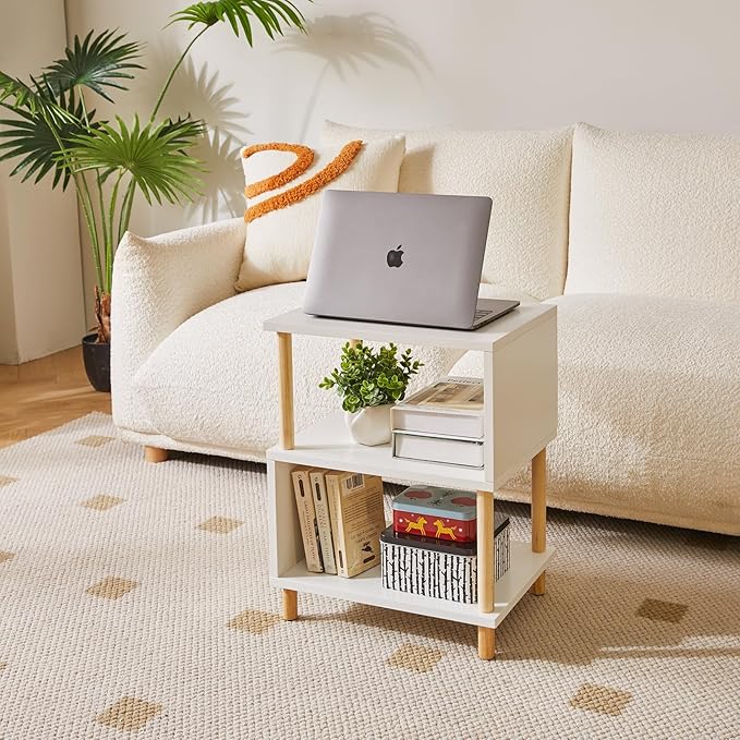 White Night Stand with Open Storage Shelf, Wood Nightstand S Shape, Bed Side Table 3 Tier 20 inch high, End Table White/Natural Wood YD-TM152W
