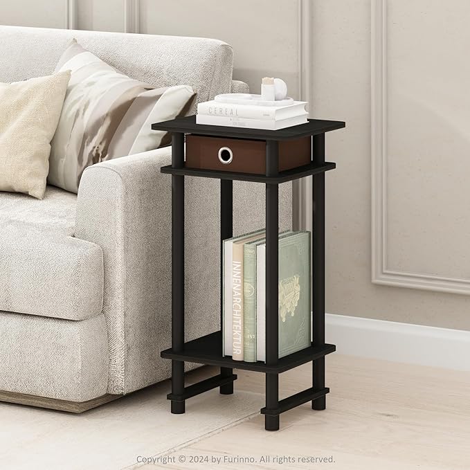 Furinno Turn-N-Tube Side Table, 3-Tier End Table with Storage Bin, Open Shelf Night Stand, Bedside Table, Toolless Assembly, for Living Room, Bedroom, Black Espresso