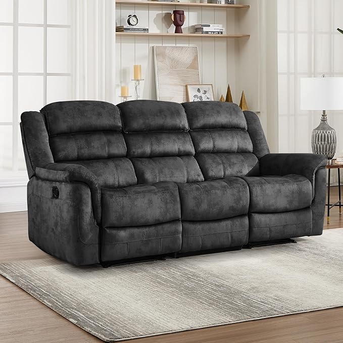 EBELLO Reclining Sofa for Living Room, Extra Wide Modern Overstuffed 3 Seat Recliner Manual Sofa Chair, Breathable Soft Fabric and Padded Seat, Grey