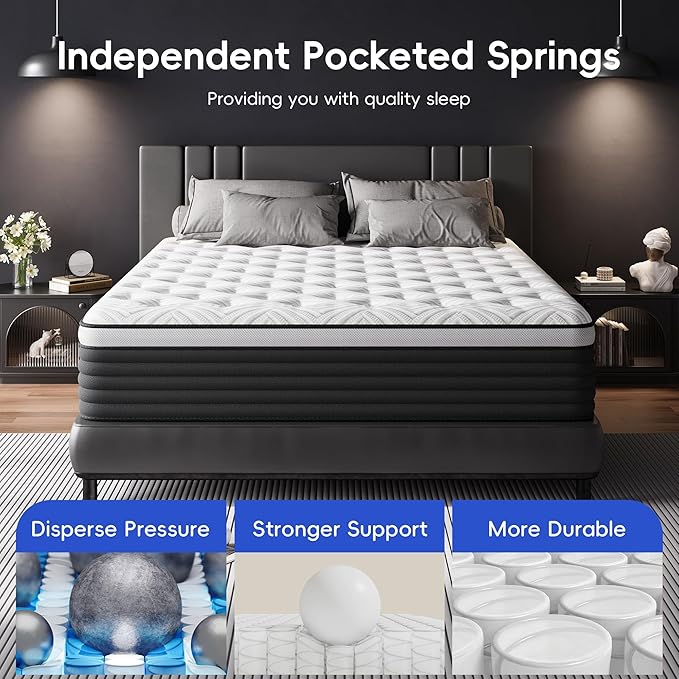 Twin Mattress, 12 Inch Hybrid Memory Foam Mattress in a Box, Pressure Relief for Back Support, Medium Firm, Individually Pocket Springs, 100-Night Trial & CertiPUR-US Certified, Twin Size, White