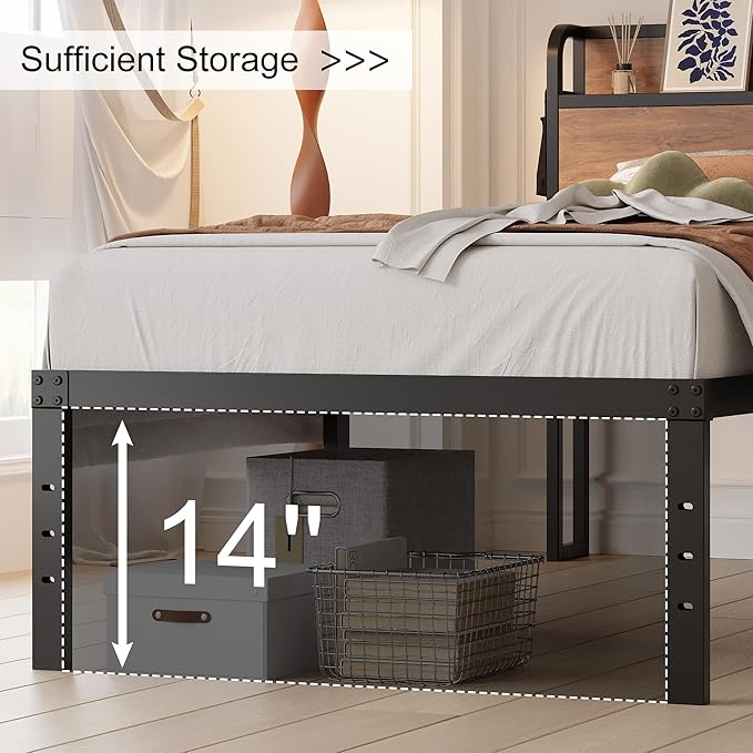 16 Inch Twin XL Bed Frames with Wood Headboard, Storage Bed Frame Twin XL No Box Spring Needed, Noise Free, Mahogany