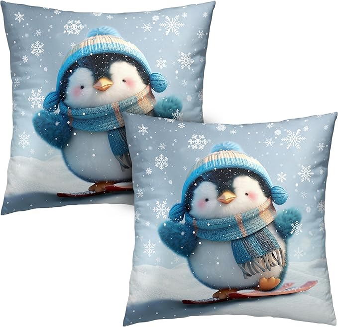 Winter Pillow Covers 20x20 Set of 2 Adorable Skiing Penguins Throw Pillow Covers Snowflakes Pillow Case Double Sided Printing Cushion Case for Home Decor Couch Sofa