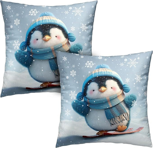 Winter Pillow Covers 22x22 Set of 2 Adorable Skiing Penguins Throw Pillow Covers Snowflakes Pillow Case Double Sided Printing Cushion Case for Home Decor Couch Sofa