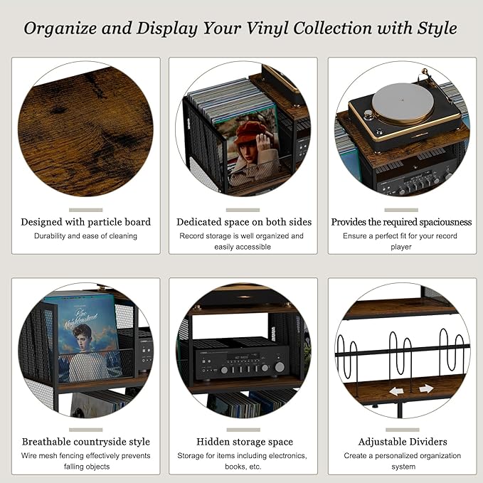 Large Vintage Record Player Table with 4 Adjustable Dividers, Vinyl Record Storage Cabinet for Up to 350 Albums, Medieval Turntable Stand for Living Room, Bedroom (Patent Pending)